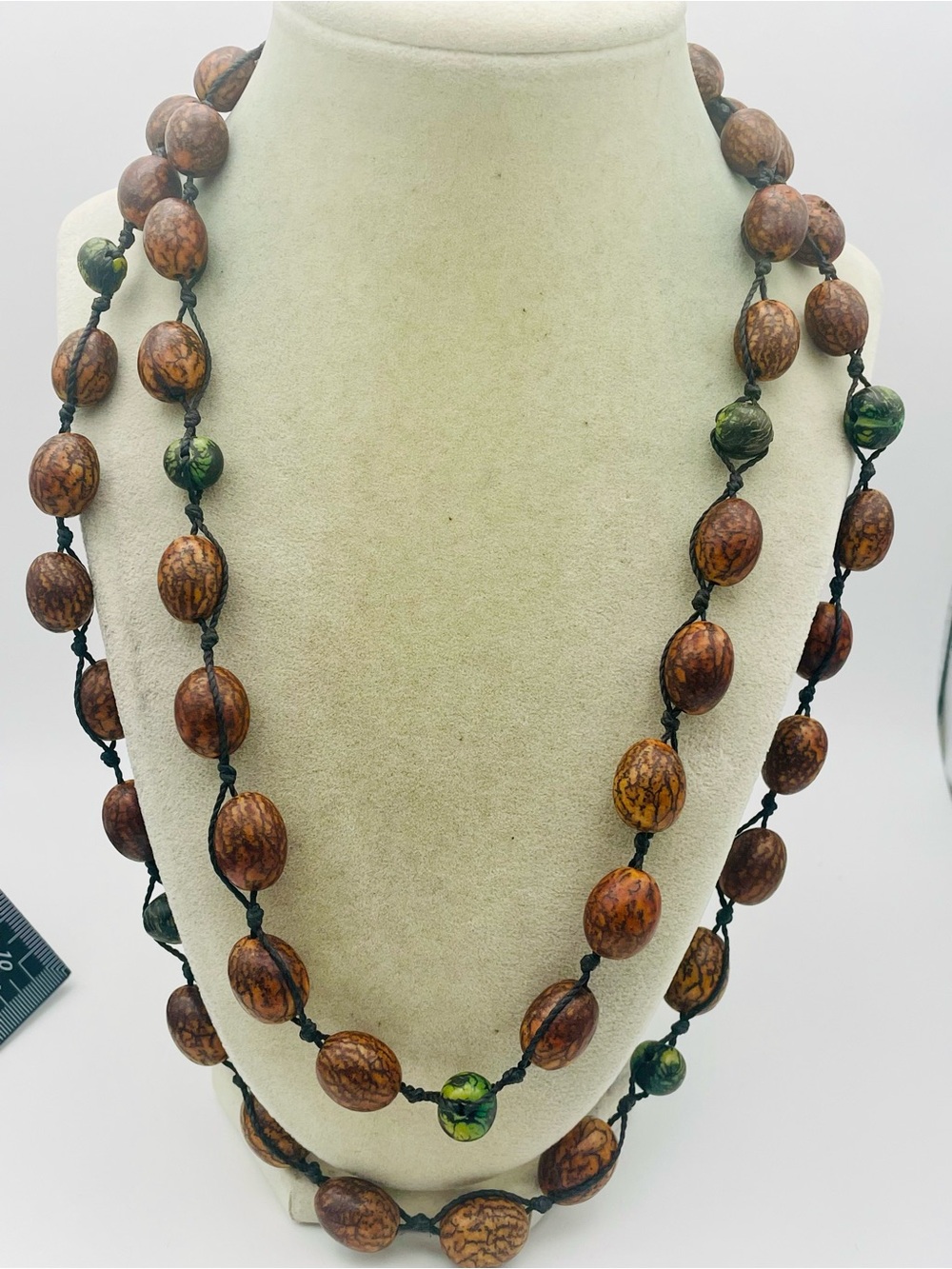 Handcrafted Brown & Green Rudraskha Seed Bead Necklace. 48 inches long
